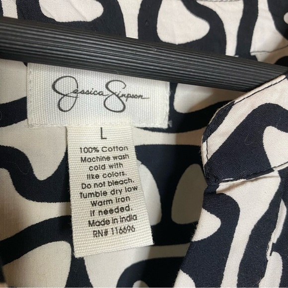 Jessica Simpson cream/black Abstract COTTON V-neck ruffle bottom dress SZ-Large - Picture 9 of 10